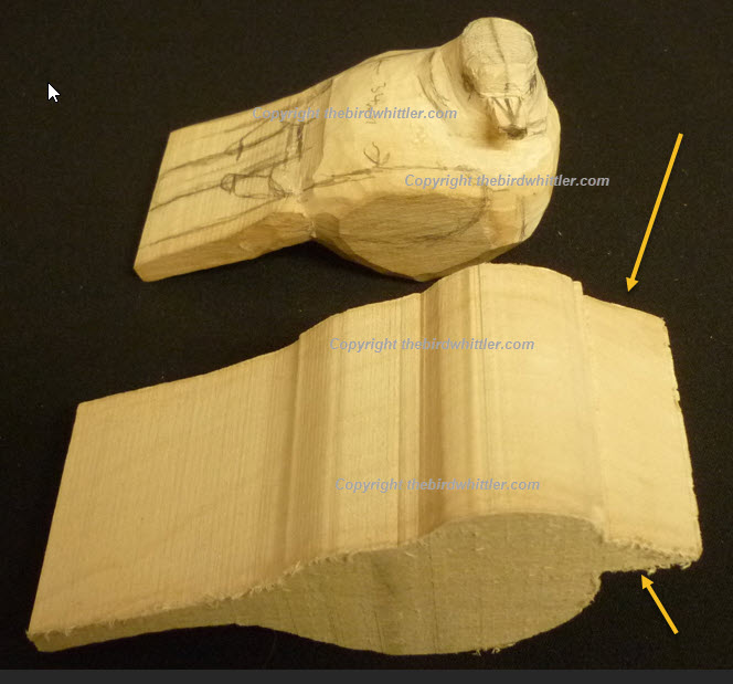 Image of blue tit starter block and blue tit whittled up to now.