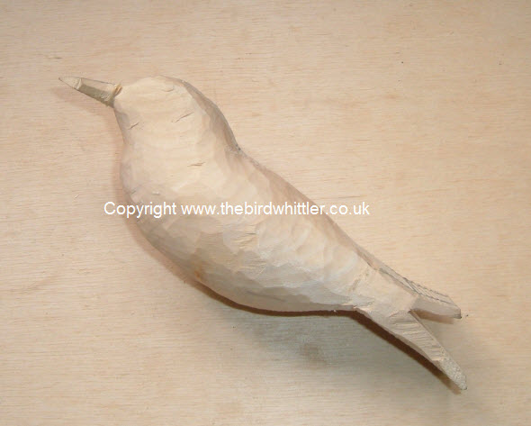 If the knot had been showing at this stage of whittling the bird I would have started with a new block.